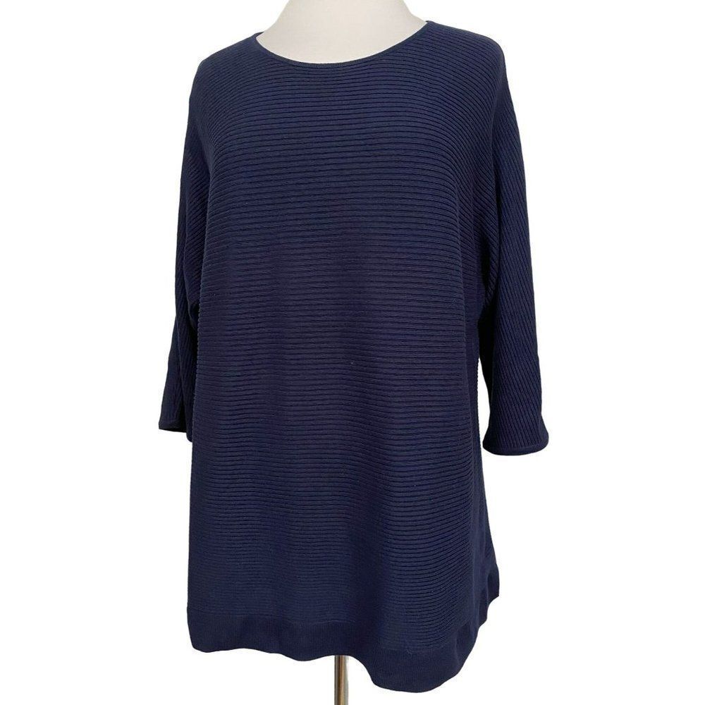 Chico's Navy Mini Rib Pullover Sweater Sz 3 L/XL Dolman Sleeve Classic Preppy
